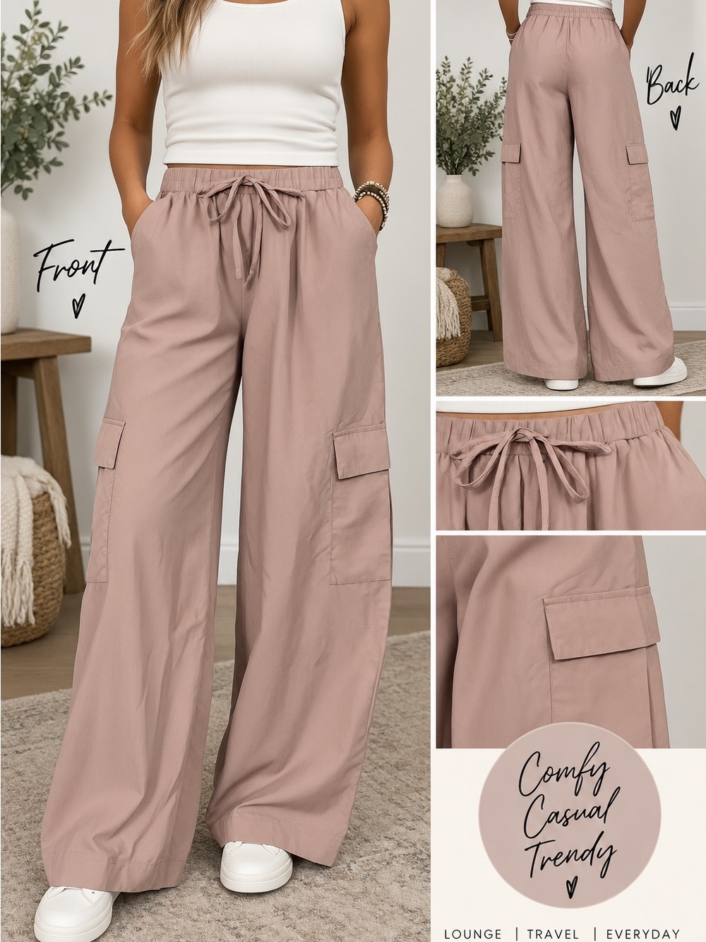 Heyson Comfy Wide-Leg Cargo Pants in Dusty Rose - Casual Drawstring